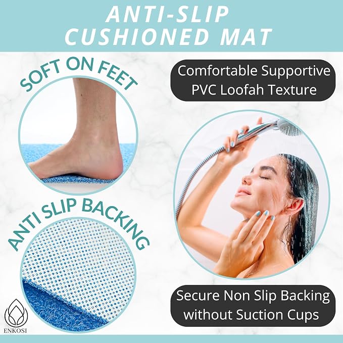 ENKOSI Loofah Non-Slip Shower and Bath Mat - Soft Cushioned Comfort - No Suction Cups for Smooth or Textured Tubs - Fast Draining - Safety for Bathroom, Family, Kids, and Elderly (24x16 Aqua Blue)