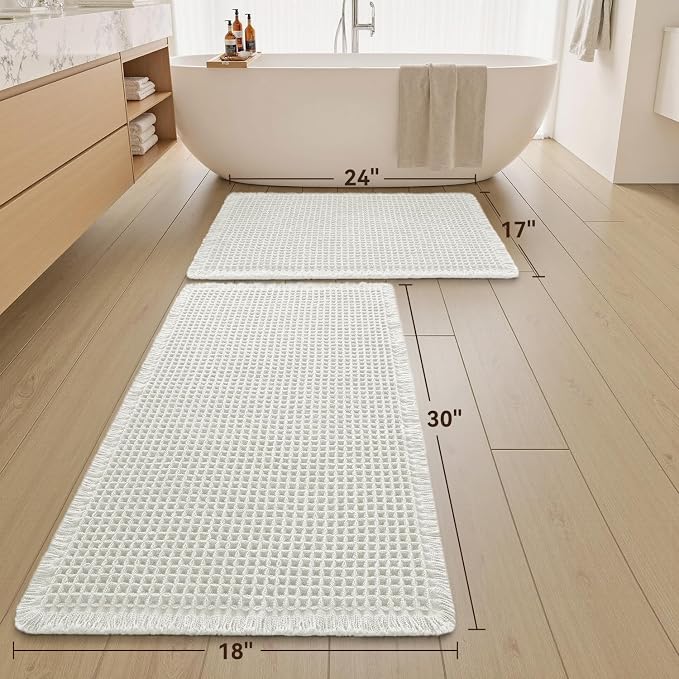 Upgraded Waffle Bath Mat Set of 2, Super Absorbent Non Slip Bath Mats for Bathroom Floor, Washable Boho Bathroom Rugs Set 2 Piece with Tassels, Soft Bathroom Mat Set, 17" x 24" +18" x 30", White