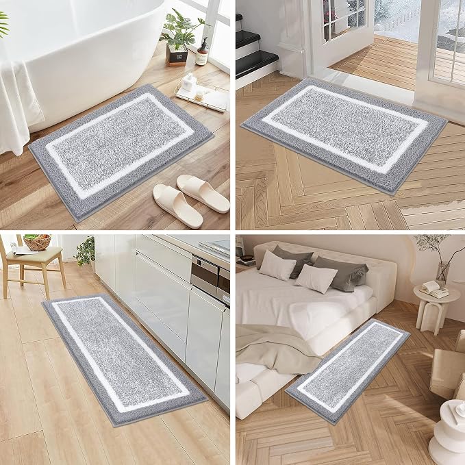 Pauwer Bathroom Rug Set 3 Piece, Non-Slip Absorbent Bath Mats, Microfiber Soft, Absorbent Plush Shaggy Carpets Includes U-Shaped Toilet Mat for Bath Floor, Shower, Light Grey