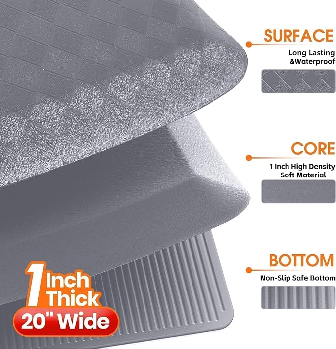 StepRite 1” Thick Kitchen Mats for Floor, Anti Fatigue Kitchen Rugs, Non-Slip,Heavy Duty Water Resistant Kitchen Rug, Standing Desk Mat for Friends, Family, Home, Kitchen, Office (32" x 20", Grey)