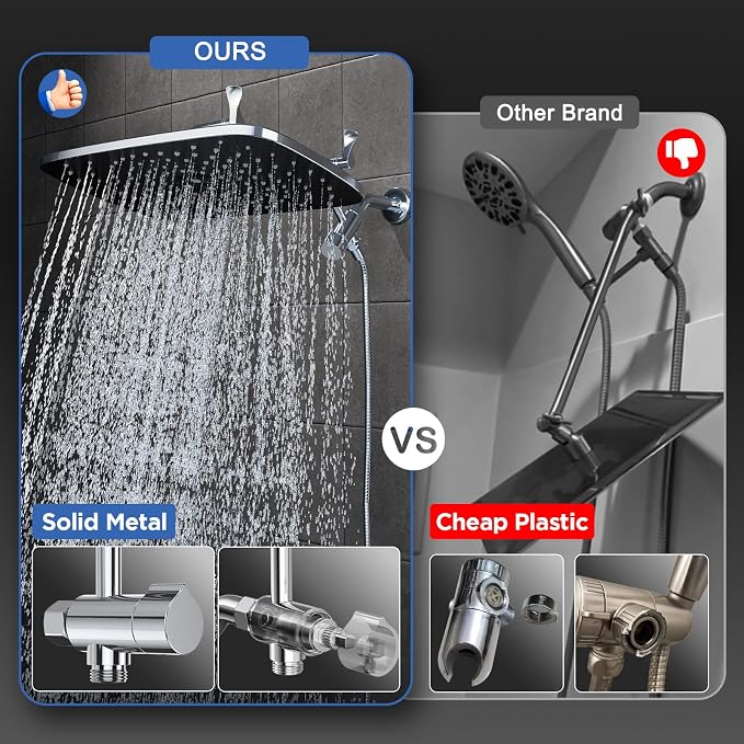 Veken 14" Wide Rain Shower Head with Handheld, High Pressure Handheld Shower with Multi Spray Modes, Rainfall Combo with 15" Metal Extension Arm, Detachable Dual Shower, Bathroom Decor, Chrome Silver