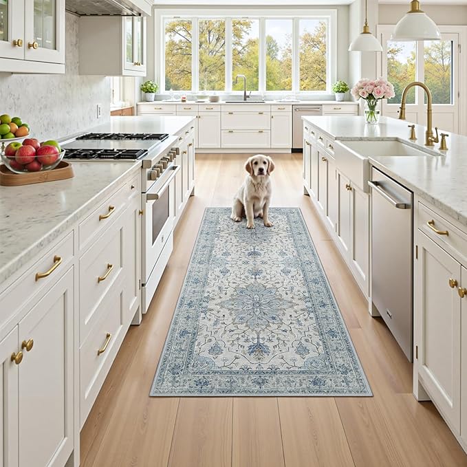 RELEANY Area Rugs Runner 3'x8' Washable Non-Slip, Floral Vintage Distress Medallion Carpet for Kitchen Hallway Bedroom Beside Laundry Room Bathroom, Light Blue Navy Gray White