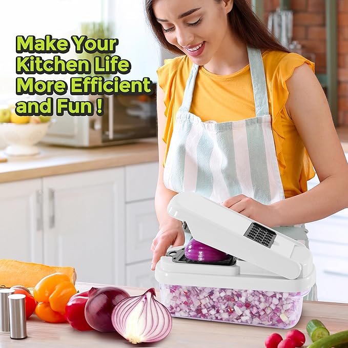 Vegetable Chopper,12-in-1 Multifunctional Food Chopper,Professional Onion Chopper with 7 Blades,Vegetable Cutter with Container for Salad,Potato,Carrot,and Garlic; Essential Kitchen Tool (White)