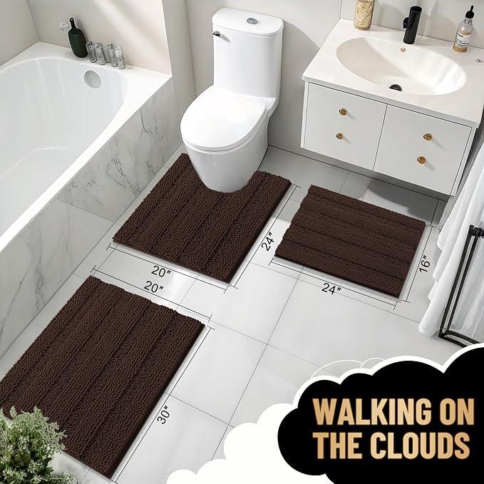 OLANLY Thick Bathroom Runner Rugs 59x24, Absorbent Chenille Striped Bath Rugs, Rubber Backing, Machine Wash Dry, Extra Long Bath Mats for Bathroom Floor, Tub and Shower, Home Decor Accessories, Brown