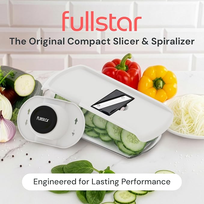 Fullstar Mandoline Slicer for Kitchen, Fruit Cutter, Cheese Grater, Cucumber Slicer, Julienne Peeler, Food Cutter & Kitchen Gadgets & Gifts with Safety Glove (9 in 1, White)