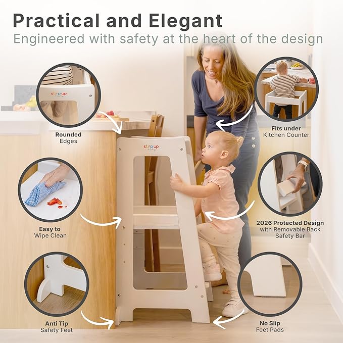 Stepup Baby Toddler Standing Tower - 3 Level Adjustable Wooden Kitchen Step Stool, Bathroom Sink, Kitchen Counter, Kids 18 Months to 4 Years Gift - White