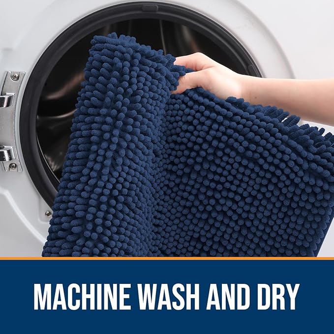 OLANLY Dog Door Mat for Muddy Paws 70x35, Absorbs Moisture and Dirt, Absorbent Non-Slip Washable Doormat, Quick Dry Chenille Mud Mat for Dogs, Entry Indoor Entryway Carpet for Inside Floor, Dark Blue
