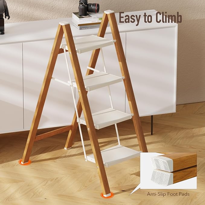 Mayi Plus 4 Step Lightweight Aluminum Folding Ladder, Portable Step Stool with Anti-Slip Pedals, 330 lbs Capacity for Home, Office, Kitchen（White&Woodgrain）