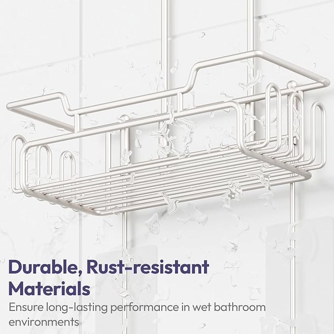 SWTYMIKI Bathroom Shower Caddy Hanging - Extended Length 2 Tier Rustproof Over Shower Head Organizer, No Drilling Bathroom Shelf with 14 Hooks & Soap Holder, Anti-Swing Rack, Sand Nickel