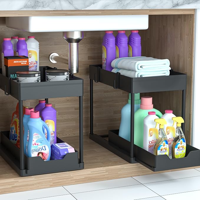 Under Sink Organizer -2 PACK|Pull Out Bathroom Organizer|2 Tier Slide Out Bathroom/Kitchen Organiers and Storage. (2 PACK Normal)