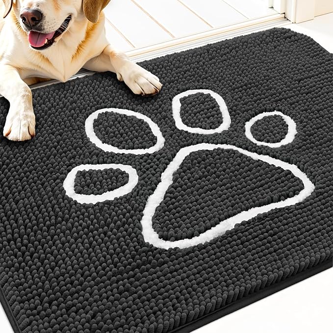 OLANLY Dog Door Mat for Muddy Paws 34x21, Paw Print Design, Absorbs Moisture and Dirt, Absorbent Non-Slip Washable Doormat, Quick Dry Chenille Mud Mat for Dogs, Entry Indoor Entryway Carpet, Dark Grey
