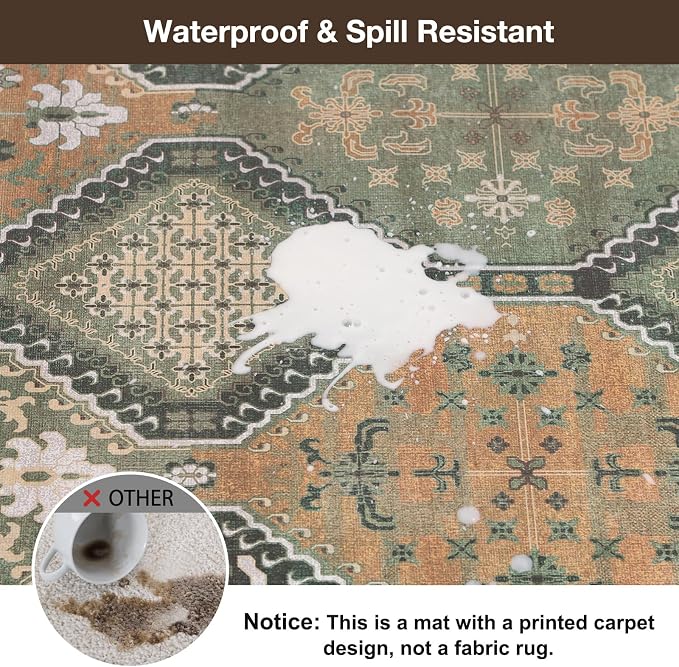 Floor Mat for Home 4×6ft, Easy Clean Plastic Rug-Like Pattern Area Mat for Living Room, Waterproof Vinyl Area Rug for Under Kitchen Table, No Slip Soft Vintage Rug for High Traffic Area(Green)