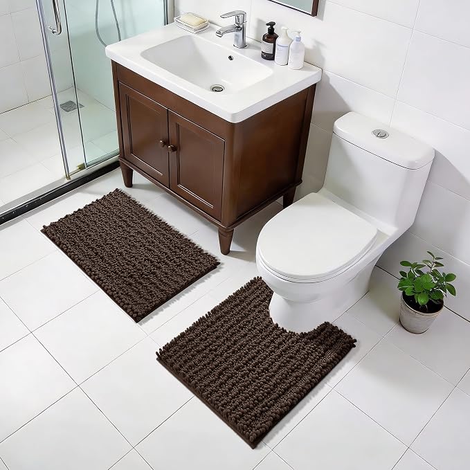 Yimobra Bathroom Rugs Non Slip Washable - Ultra Soft Absorbent Chenille Bath Mat, Quick Dry Shaggy Floor Carpet for Tub Shower, Brown Home Decor Accessories, 24x17 Inch