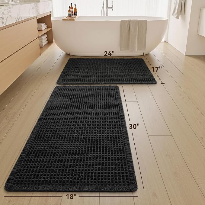 Upgraded Waffle Bath Mat Set of 2, Super Absorbent Non Slip Bath Mats for Bathroom Floor, Washable Boho Bathroom Rugs Set 2 Piece with Tassels, Soft Bathroom Mat Set, 17" x 24" +18" x 30", Black