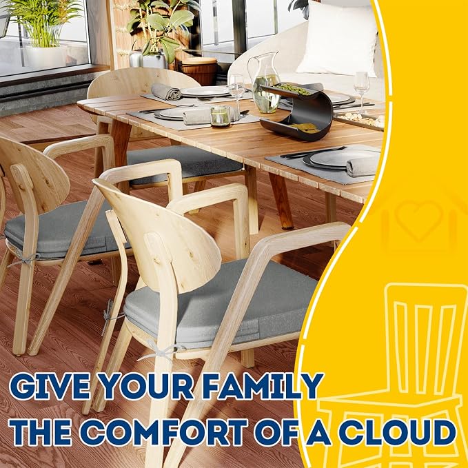 AAAAAcessories D-Shaped Chair Cushions, 2" Thick Dining Chair Pads with Ties and Removable, Machine-Washable Cover, 17" x 16", Set of 2, Gray