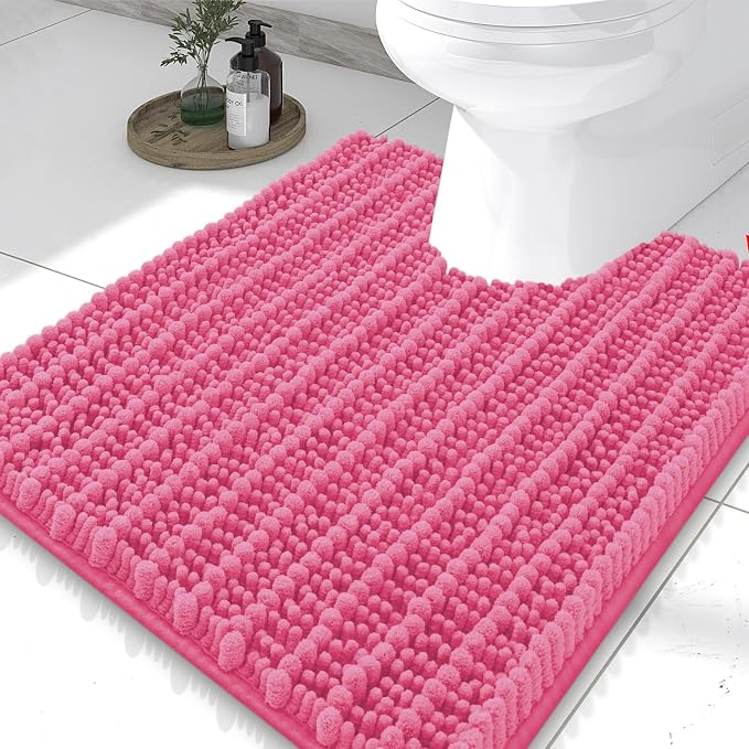 Smiry Bathroom Toilet Rugs U Shaped 24x20, Extra Soft Absorbent Non Slip Rubber Backing Chenille Contour Bath Rugs for Toilet, Machine Washable Contoured Bath Mats, Hot Pink