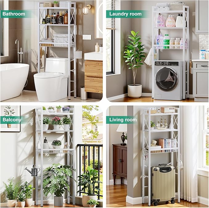 Kalrin Over The Toilet Storage with X Shape Side Guardrail, 3-Tier Over Toilet Storage Rack with Drain Basket, Freestanding Bathroom Organizer for Balcony Laundry, Pure White
