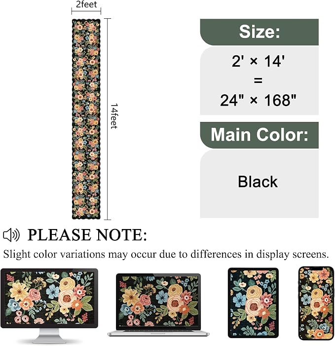 DUKINO 2x14 Hallway Runner Rug, Non Slip Floral Washable Runner Rug for Kitchen, Boho Low Pile Thin Indoor Long Carpet for Hallways, Entryway, Bathroom, Kitchen, Bedroom, Black