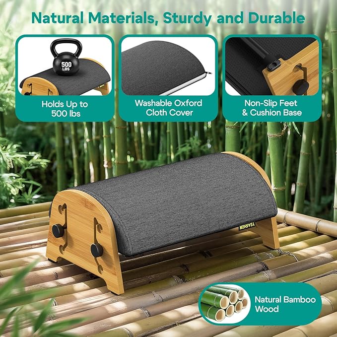 YEASHEIN Ergonomic Foot Rest Under Desk at Work, Bamboo Wood Adjustable Foot Stool Under Desk with 6 Positions, Office Footrests with Memory Foam, Leg Rest Used for Car, Home, PC Gaming Accessories