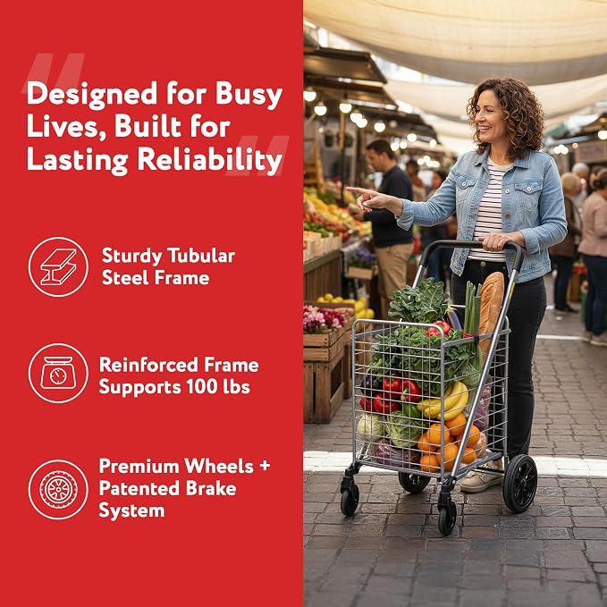 dbest Products Cruiser Cart Deluxe 2 - Foldable Shopping Cart with Wheels & Brake System - Heavy Duty Collapsible Utility Cart for Groceries & Laundry - Holds 100 lbs - Silver, Alloy Steel