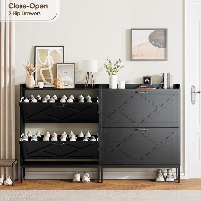 Nicetree Shoe Storage Cabinet with 2 Flip Drawers, Freestanding Shoe Organizer, Shoe Cabinet with Metal Legs, Narrow Shoe Rack Cabinet, Farmhouse Slim Shoe Cabinet for Entryway, Foyer, Hallway, Black