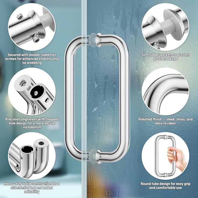 Ranbo Polished Chrome 8" （CTC） Tubular Back-to-Back Shower Door Handle，Heavy-Duty 1.0mm Thick 304 Stainless Steel, for 1/4"- 1/2" Thick Glass and 1-3/8" - 2-1/6" Thick Wooden or Metal Doors