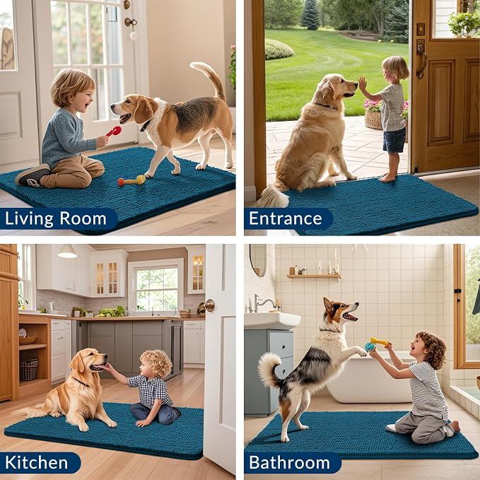 Smiry Dog Door Mat for Muddy Paws 36x24, Absorbent Dirt Trapper, Non-Slip Washable Chenille Entryway Rug for Inside Floor, Atlantic Blue, Classic Solid