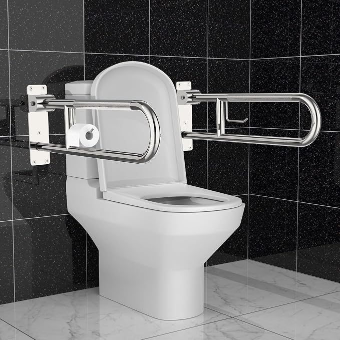 Toilet Grab Bar 32 Inch Chrome, Munzong Anti-Slip Handicap Grab Bars with Paper Holder, Flip-Up Bathroom Safety Rails, Stainless Steel Knurled Support handrails for Seniors Elderly Disabled Pregnant