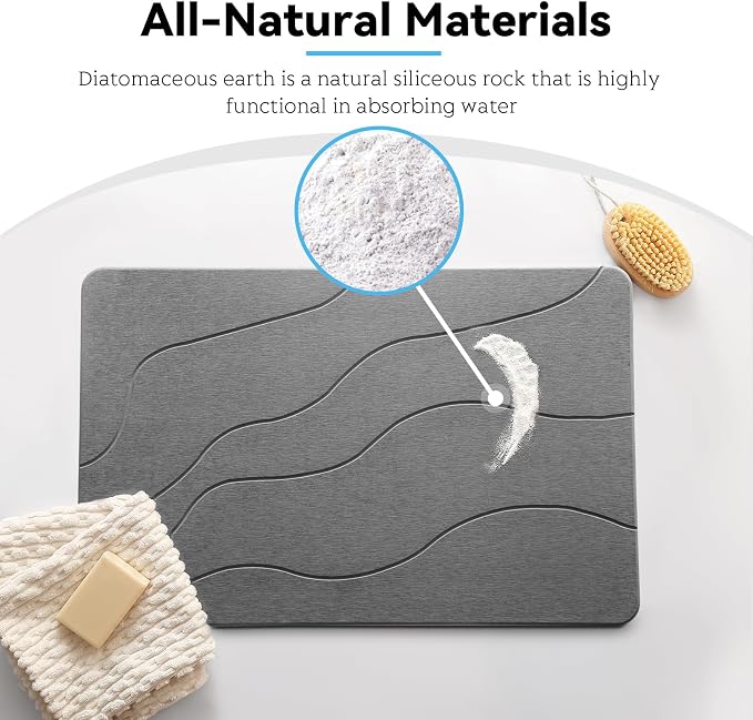 Stone Bath Mat, Dries Quickly, Non-Slip Diatomaceous Earth Stone Bath Mats for Bathroom, Super Absorbent Stone Shower Mat, Easy to Clean, 23.5" x 15.5" Dark Gray-Wave