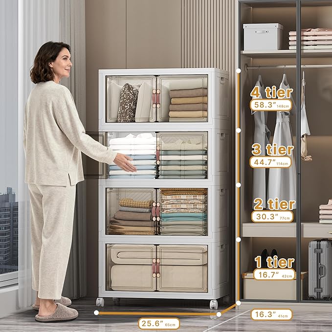 UAMFURI Stackable Storage Bins with Lids, 896QT Closet Organizers and Storage with Doors and Wheels, Extra Large Storage Cabinet, Collapsible Plastic Drawers for Bedroom Dorm Office Garage