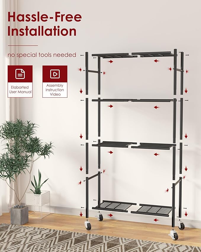 Sakugi Storage Shelves Organizer - 4 Tier Metal Shelf Organizer with Metal Wheels and Adjustable Leveling Feet, Heavy Duty Garage Shelving for Kitchen, Pantry and Closet, 33.1"x12.6"x58.9", Black