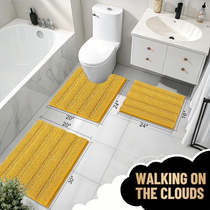 OLANLY Thick Bathroom Rugs 36x24, Extra Soft Absorbent Chenille Striped Bath Rugs, Rubber Backing, Machine Wash Dry, Bath Mats for Bathroom Floor, Tub and Shower, Home Decor Accessories, Golden Yellow