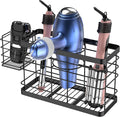 Hair Tool Organizer - Black Steel Wall Mounted Hair Dryer Holder with Removable Basket, 10.62"L x 4.33"W x 6.69"H, Ideal for Small Bathrooms