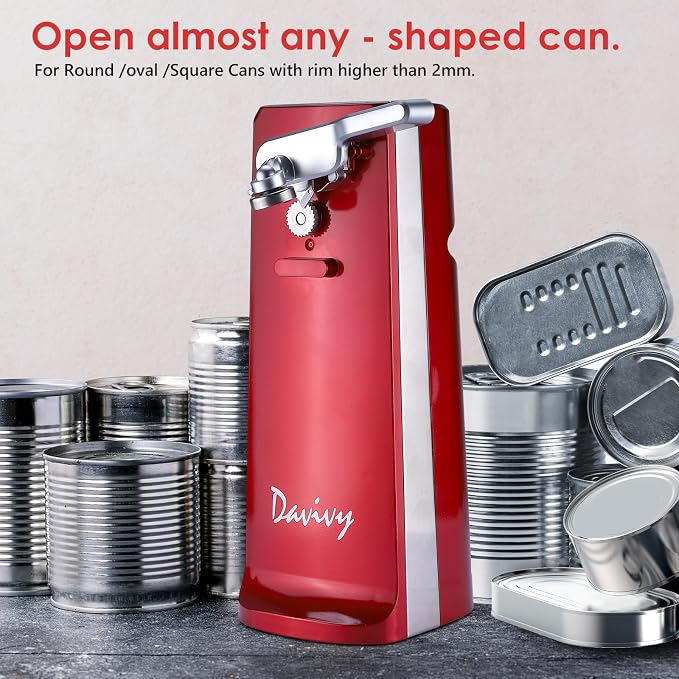 Davivy Can Opener Electric,Removable Stainless Steel Cutter and 3-in-1 Design with Sharpener and Bottle Opener (Red)
