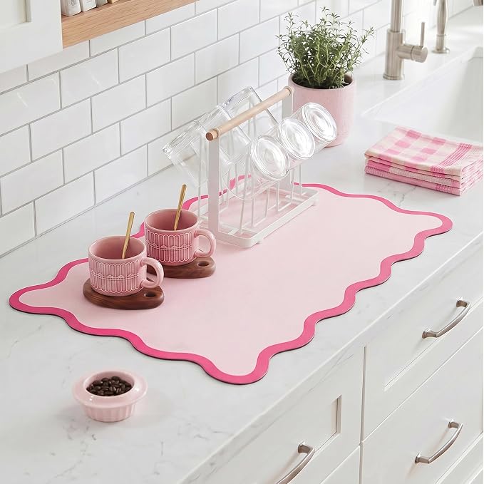 Scalloped Dish Drying Mat for Kitchen Counter, Absorbent Easy Clean Non-slip Coffee Bar Station Accessories, Trendy Cute Aesthetic Modern Drainer Kitchen Drying Mat, Pink 12" x 19"