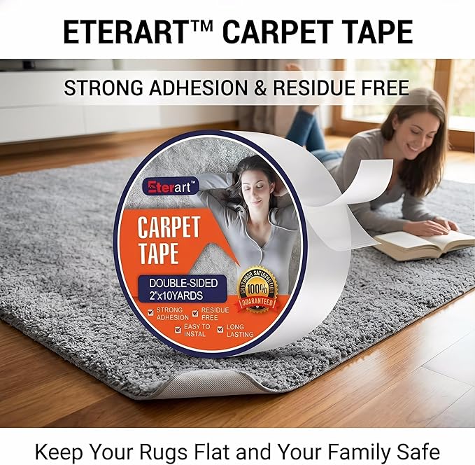ETERART Heavy Duty Double Sided Carpet Tape - Fiberglass Reinforced, Residue-Free Rug Tape for Hardwood Floors & Tile - Hand Tearable, Anti-Slip Safety for Kids & Pets (2" x 10 Yards, White)