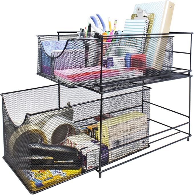 Sorbus® Cabinet Organizer Drawers— Mesh Storage Organizer with Pull Out Drawers—Ideal for Countertop, Cabinet, Pantry, Under the Sink, Desktop and More (Black Bottom Drawer)