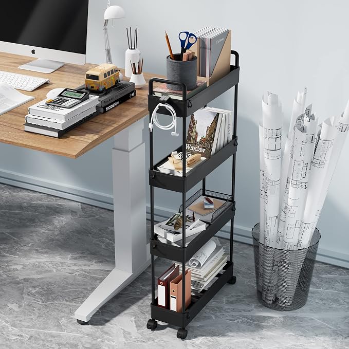 SOLEJAZZ Slim Rolling Storage Cart with Wheels 4 Tier Skinny Bathroom Storage Organizer Narrow Shelf Unit Thin Laundry Room Utility Cart for Bedside Kitchen Office Next to Fridge Small Places, Black