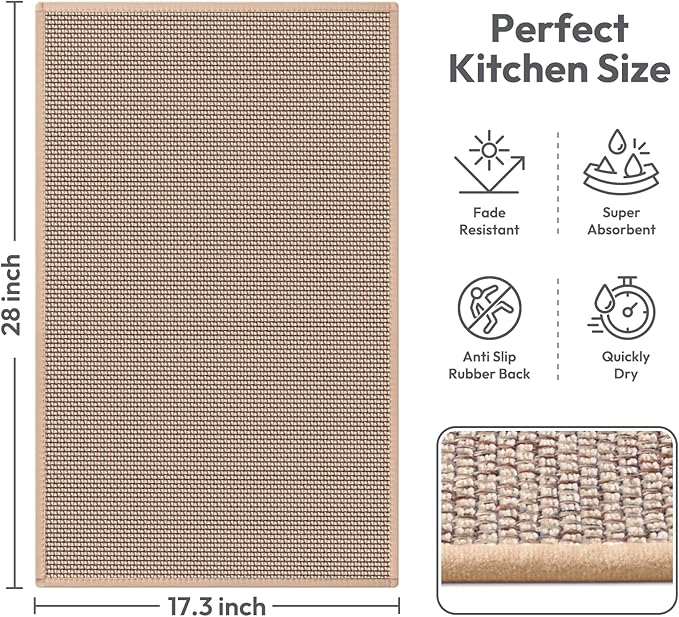 Kitchen Mats for Floor,Kitchen Rug, Nonskid, Washable, Absorbent Kitchen Runner Rug for in front of Sink, Entryway, Hallway, Rubber Backing Indoor Door Mat,Farmhouse Style Standing Mat,17.3"x28",Brown