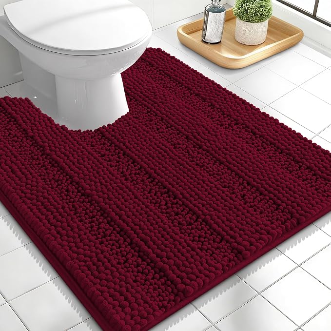 OLANLY Thick Toilet Rugs U-Shaped 24x20, Extra Soft Absorbent Chenille Striped Contour Bathroom Rugs for Toilet, Dry Quickly, Machine Washable, Non-Slip Bath Mat, Burgundy