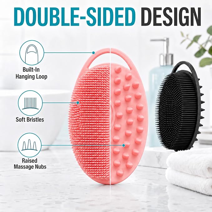 2 Pack Silicone Body Scrubber, Loofah Double-Sided Body Brush,Shower Scrubber and Scalp Massager Shampoo Brush for Sensitive Kids Women Men All Kinds of Skin (Black & Pink)