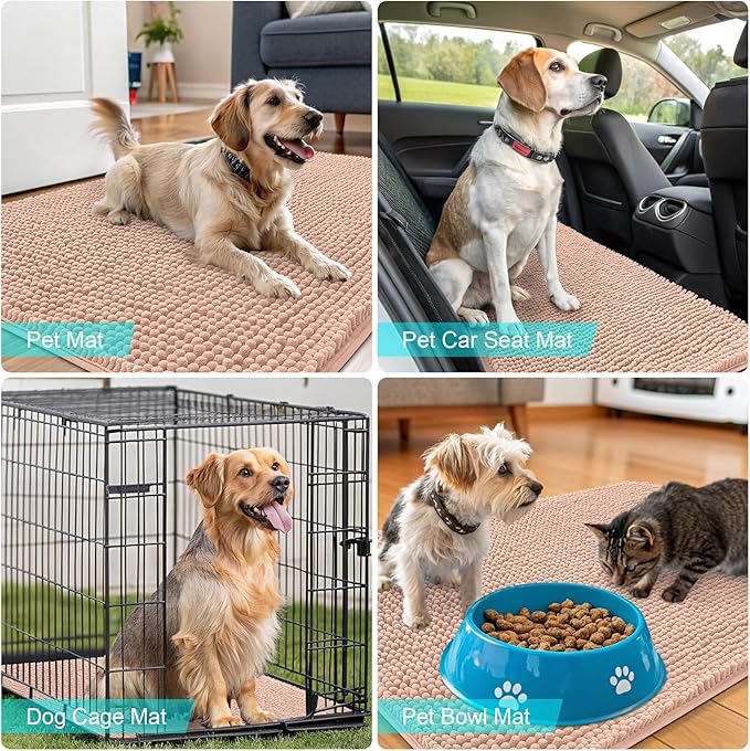 OLANLY Dog Door Mat for Muddy Paws 48x30, Absorbs Moisture and Dirt, Absorbent Non-Slip Washable Doormat, Quick Dry Chenille Mud Mat for Dogs, Entry Indoor Entryway Carpet for Inside Floor, Peach
