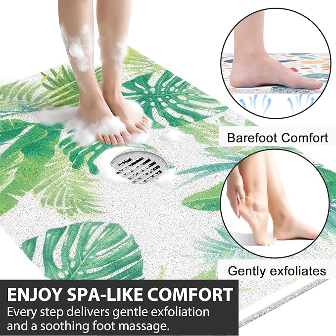 Non Slip Shower Mat: 47.2x31.5 Inch Extra Large Shower Mats for Inside Shower with Drain Hole in Middle - Soft PVC Loofah Anti Slip Shower Floor Mat for Standing and Walk-in Shower, Quick Drying