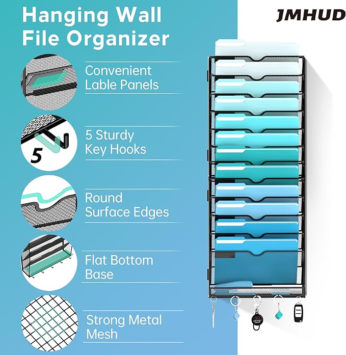 13 Tier Wall File Organizer - Hanging File Organizer with 5 Hooks, Mail Holder Wall Mounted for Papers, Folders, Magazines, Bills, Office&School Organization, Black