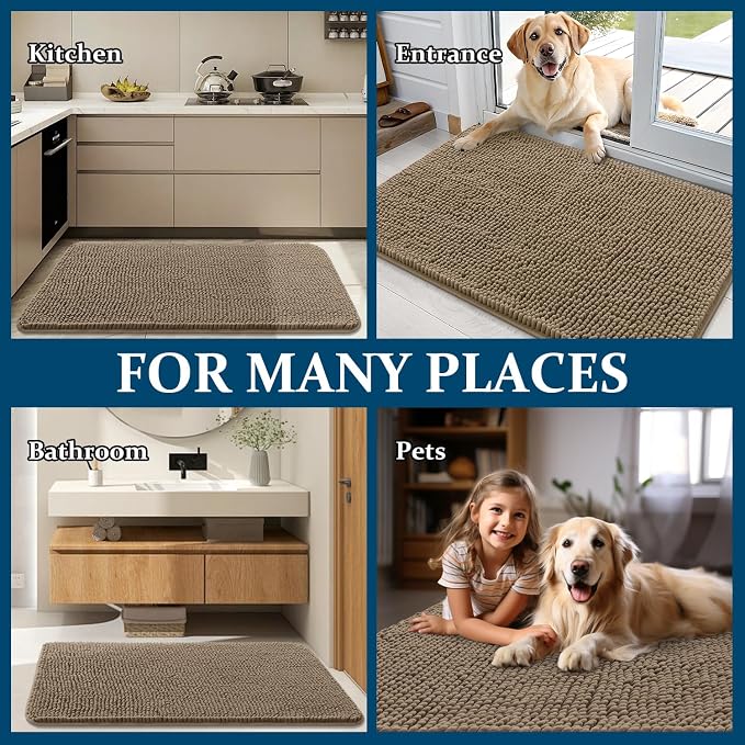 OLANLY Dog Door Mat for Muddy Paws 32x20, Absorbs Moisture and Dirt, Absorbent Non-Slip Washable Doormat, Quick Dry Chenille Mud Mat for Dogs, Entry Indoor Entryway Carpet for Inside Floor, Tan