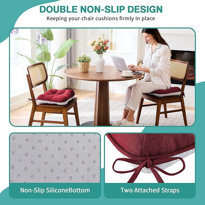 BETU Chair Cushions for Dining Chairs Set of 4, Thick Kitchen Table Chair Pads with Ties,Non Slip Backing and Covers, Seat Cushion for Dining Room,Bar,Patio Chairs,15.5"X15.5"X3.5" Red