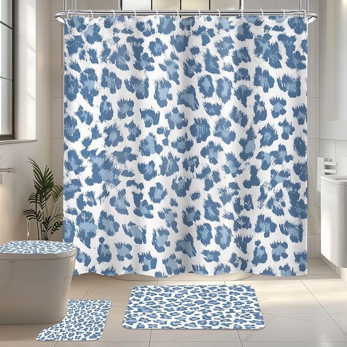 4 PCS Blue Leopard Print Shower Curtain Set 72Wx72H,Toilet Lid Cover,Non-Slip Rugs and U-Shaped Mat,Cheetah Wild Bathroom Sets with Rugs Shower Accessories 12 Hooks for Bathroom Decor