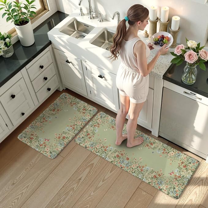 KIMODE Anti Fatigue Kitchen Mat for Floor, 17"x47"+17"x29" Butterfly Flower Kitchen Rugs Non Skid, Cushioned Padded Kitchen Floor Mat, Comfort Standing Mat for Laundry Office Sink Desk Sage Green