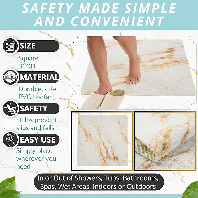 Square Shower Mat - Non Slip Shower Mats for Inside Shower - Extra Large 31x31 Shower Floor Mat Non Slip - Square Bath Mat for Shower - Secure Anti Slip Loofah Shower Bath Mat (31x31 Marble Gold)