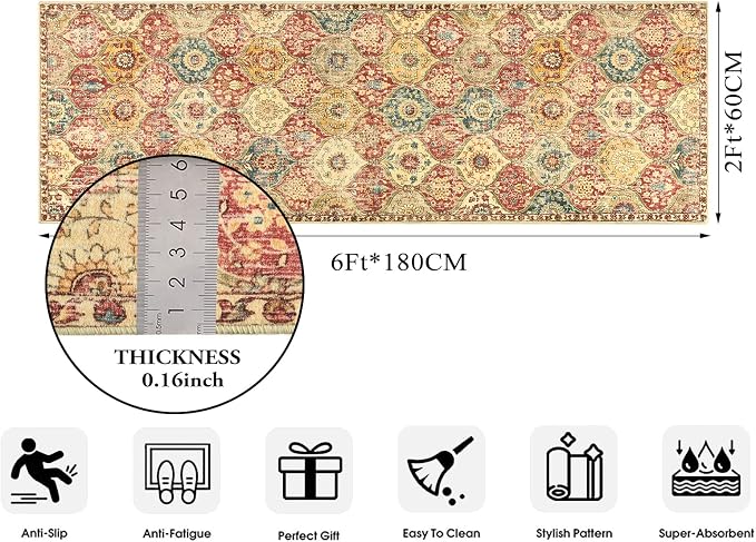 Lahome Moroccan Trellis Washable Runner Rug, 2x6 Kitchen Runners for Hallways 6 Feet Non Slip, Vintage Laundry Room Rug Ultra-Thin Carpet for Bathroom Bedroom Entryway Elise, Red/Orange
